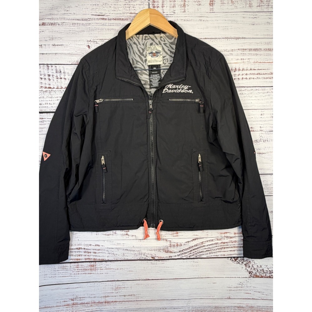 Harley Davidson Jacket Women 2XL Black Zip Windbreaker Embroidered Logo Pockets